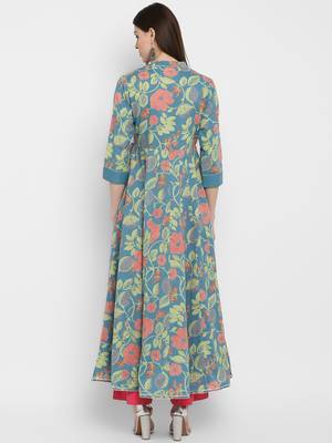 Printed & embroidered& gota patti Anarkali Cotton turquoise Kurta 2