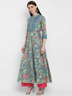 Printed & embroidered& gota patti Anarkali Cotton turquoise Kurta 3