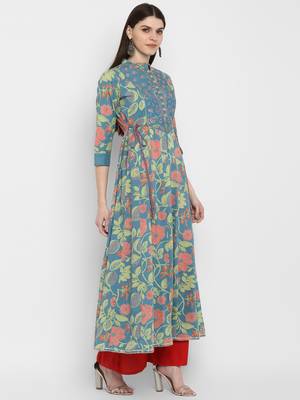 Printed & embroidered& gota patti Anarkali Cotton turquoise Kurta 4