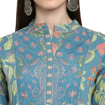 Printed & embroidered& gota patti Anarkali Cotton turquoise Kurta 5