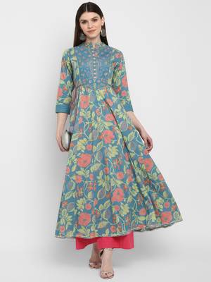 Printed & embroidered& gota patti Anarkali Cotton turquoise Kurta 6