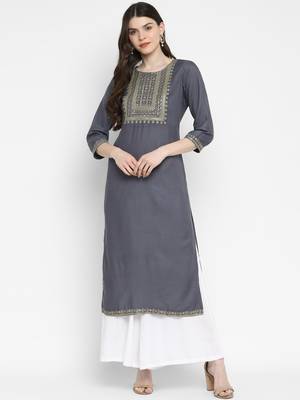 Sequence & Solid Straight Rayon Grey Kurta 1