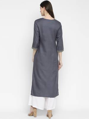 Sequence & Solid Straight Rayon Grey Kurta 2