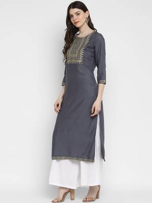 Sequence & Solid Straight Rayon Grey Kurta 3