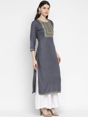 Sequence & Solid Straight Rayon Grey Kurta 4