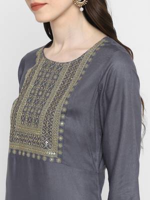 Sequence & Solid Straight Rayon Grey Kurta 5