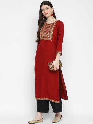 Sequence & Solid Straight Rayon Maroon Kurta 1