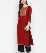 Sequence & Solid Straight Rayon Maroon Kurta
