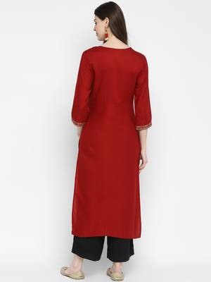 Sequence & Solid Straight Rayon Maroon Kurta 2