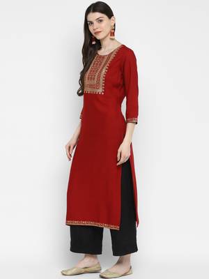 Sequence & Solid Straight Rayon Maroon Kurta 3