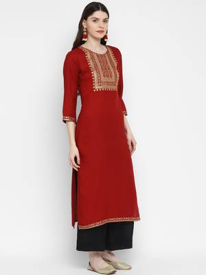 Sequence & Solid Straight Rayon Maroon Kurta 4