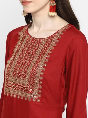 Sequence & Solid Straight Rayon Maroon Kurta 5