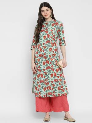 Floral Print A-Line Cotton Light Green Kurta With Multiple Slit 1
