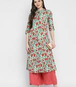 Floral Print A-Line Cotton Light Green Kurta With Multiple Slit