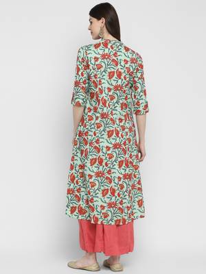 Floral Print A-Line Cotton Light Green Kurta With Multiple Slit 2