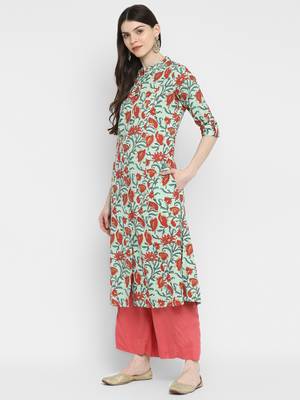 Floral Print A-Line Cotton Light Green Kurta With Multiple Slit 3