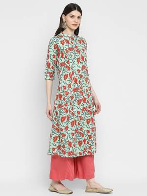 Floral Print A-Line Cotton Light Green Kurta With Multiple Slit 4