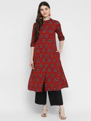 Floral Print A-Line Cotton Maroon Kurta With Multiple Slit 1