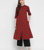 Floral Print A-Line Cotton Maroon Kurta With Multiple Slit