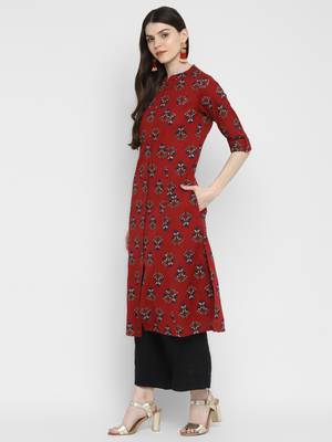 Floral Print A-Line Cotton Maroon Kurta With Multiple Slit 3