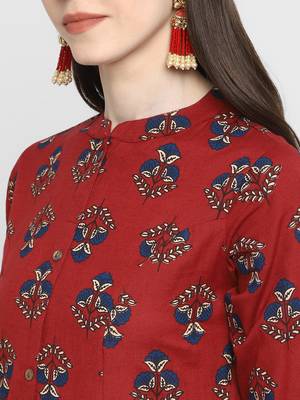 Floral Print A-Line Cotton Maroon Kurta With Multiple Slit 5