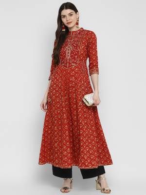 Embroidered & Printed Anarkali Cotton Red Kurta 1