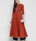 Embroidered & Printed Anarkali Cotton Red Kurta