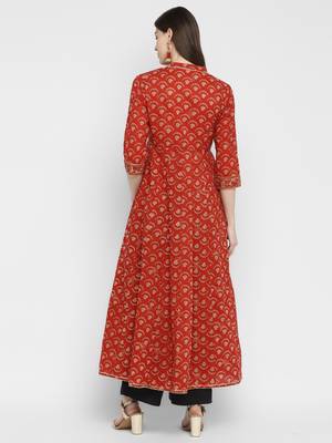 Embroidered & Printed Anarkali Cotton Red Kurta 2