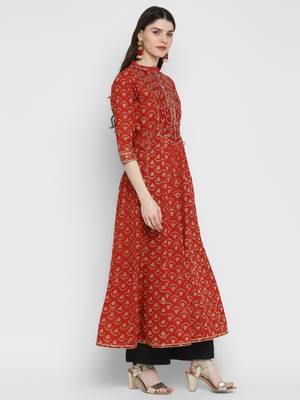 Embroidered & Printed Anarkali Cotton Red Kurta 3