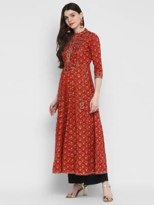 Embroidered & Printed Anarkali Cotton Red Kurta 4