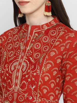Embroidered & Printed Anarkali Cotton Red Kurta 5