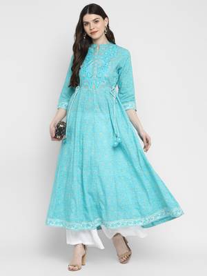Embroidered & Printed Anarkali Cotton Sky Blue Kurta 1