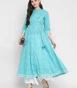 Embroidered & Printed Anarkali Cotton Sky Blue Kurta
