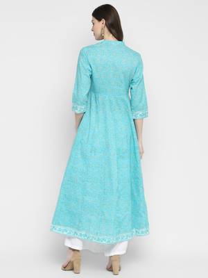 Embroidered & Printed Anarkali Cotton Sky Blue Kurta 2