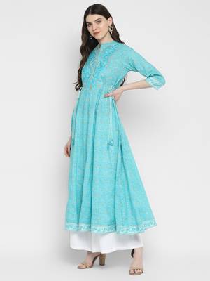 Embroidered & Printed Anarkali Cotton Sky Blue Kurta 3