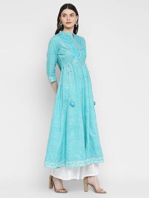 Embroidered & Printed Anarkali Cotton Sky Blue Kurta 4