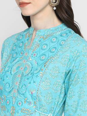 Embroidered & Printed Anarkali Cotton Sky Blue Kurta 5