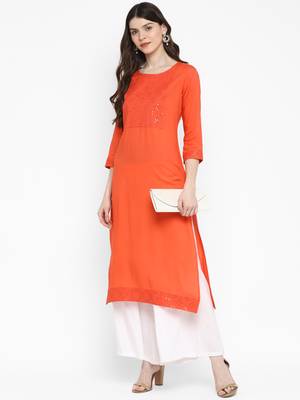 Embroidered & Solid Straight Rayon Coral Kurta 1
