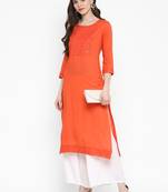 Embroidered & Solid Straight Rayon Coral Kurta