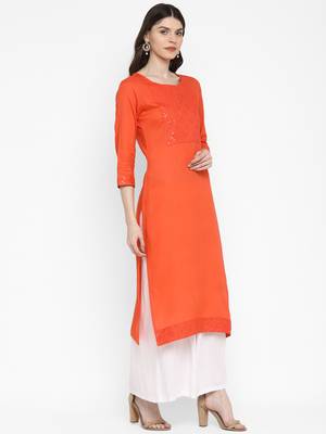 Embroidered & Solid Straight Rayon Coral Kurta 3