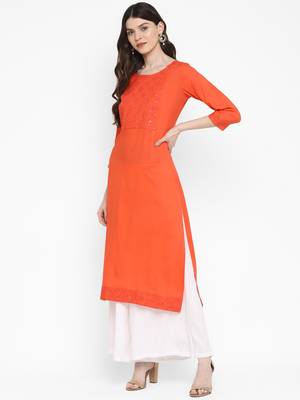 Embroidered & Solid Straight Rayon Coral Kurta 4