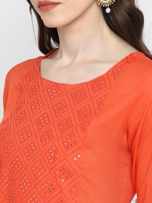 Embroidered & Solid Straight Rayon Coral Kurta 5