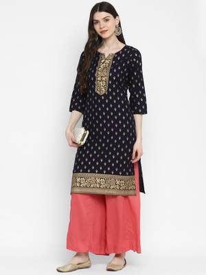 Foil Print Straight Cotton Navy Blue Kurta 1