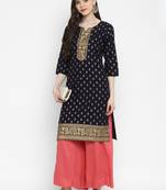 Foil Print Straight Cotton Navy Blue Kurta
