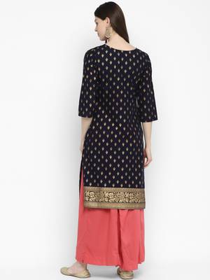 Foil Print Straight Cotton Navy Blue Kurta 2