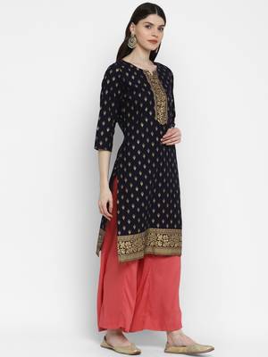 Foil Print Straight Cotton Navy Blue Kurta 3