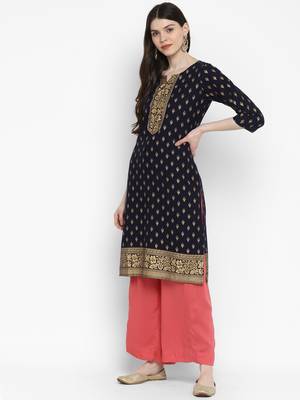 Foil Print Straight Cotton Navy Blue Kurta 4
