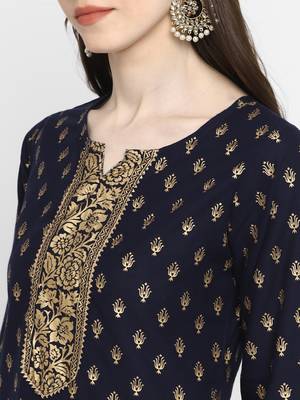 Foil Print Straight Cotton Navy Blue Kurta 5