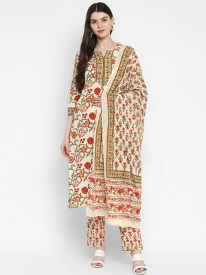 Floral Print & Sequence Straight Cotton Red Kurta,Pant & Dupatta 1