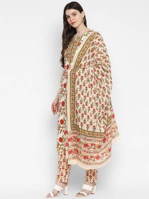 Floral Print & Sequence Straight Cotton Red Kurta,Pant & Dupatta 3